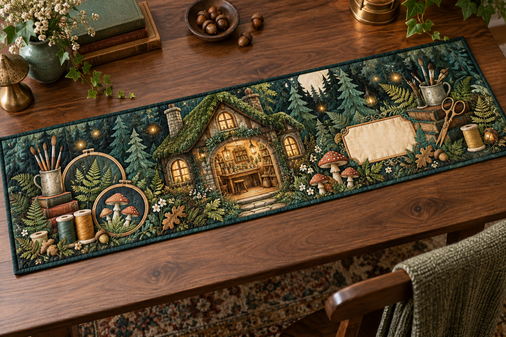 One table runner with a glowing moss-roof cottage atelier, layered forest, embroidery hoops, thread spools, brass scissors, paintbrushes, ferns, mushrooms, acorns, amber fireflies and a blank parchment plaque.