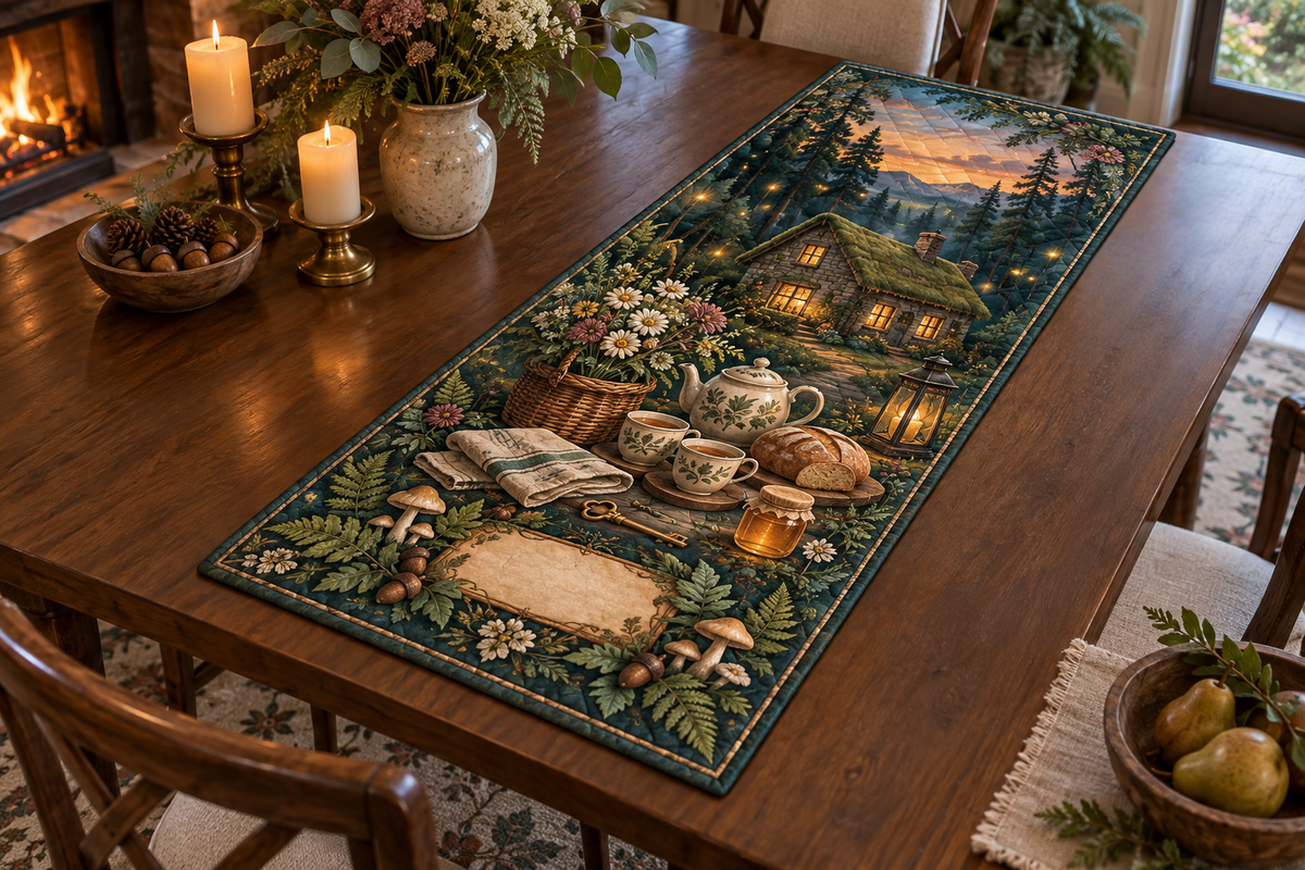 One table runner with a glowing moss-roof cottage, layered forest, wildflower basket, teapot and two cups, artisan bread, honey jar without a label, folded linen, brass key, ferns, mushrooms, acorns, amber fireflies and a blank parchment plaque.