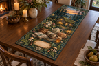 One table runner with a glowing moss-roof cottage, layered forest, wildflower basket, teapot and two cups, artisan bread, honey jar without a label, folded linen, brass key, ferns, mushrooms, acorns, amber fireflies and a blank parchment plaque.