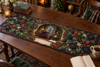 One table runner with an arched reading alcove, plum velvet armchair, brass lamp, blank books, amber fireflies, blackberry, raspberry, blueberry and red-currant brambles, cream blossoms and a blank parchment plaque.