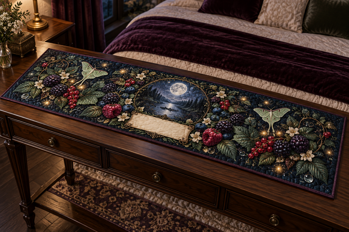 One table runner with a luminous moonlit oval window framed by blackberry, raspberry, blueberry and red-currant brambles, deep leaves, cream blossoms, luna moths, faceted dew, amber fireflies and a blank parchment plaque.