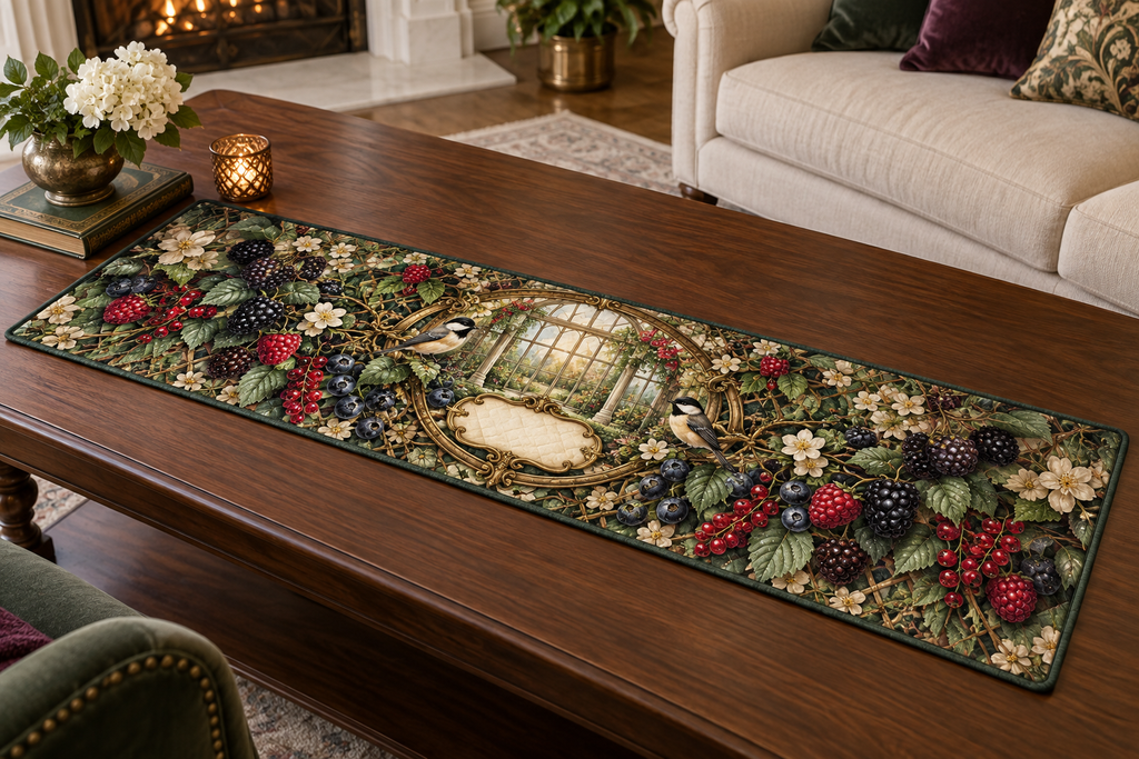 One table runner with a grand circular antique-brass trellis medallion, sunlit conservatory window, blackberry, raspberry, blueberry and red-currant brambles, two songbirds, cream blossoms, faceted dew and a blank parchment plaque.