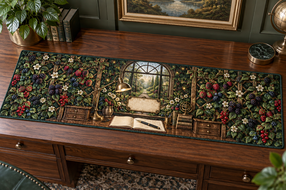 One table runner with an elegant walnut garden studio desk beneath an arched window, symmetrical blackberry, raspberry, blueberry and currant trellises, brass lamp, blank notebook, fountain pen, unlabeled drawers, cream blossoms, amber fireflies and a blank parchment plaque.