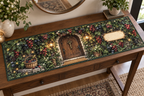 One table runner with an arched cottage front door beneath blackberry, raspberry, blueberry and red-currant vines, jewel-like berries, deep leaves, cream blossoms, warm twin lanterns, antique brass key, berry basket, amber fireflies and a blank parchment plaque.