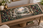 One table runner with a serene arched window seat overlooking a misty berry garden, linen cushion, folded knit throw, ceramic tea cup, slender candle lantern, blackberry, raspberry, blueberry and red-currant brambles, jewel-like berries, sage leaves, cream blossoms, dew drops, amber fireflies and a blank parchment plaque.