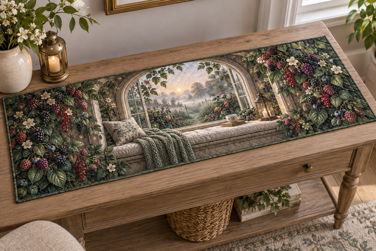 One table runner with a serene arched window seat overlooking a misty berry garden, linen cushion, folded knit throw, ceramic tea cup, slender candle lantern, blackberry, raspberry, blueberry and red-currant brambles, jewel-like berries, sage leaves, cream blossoms, dew drops, amber fireflies and a blank parchment plaque.