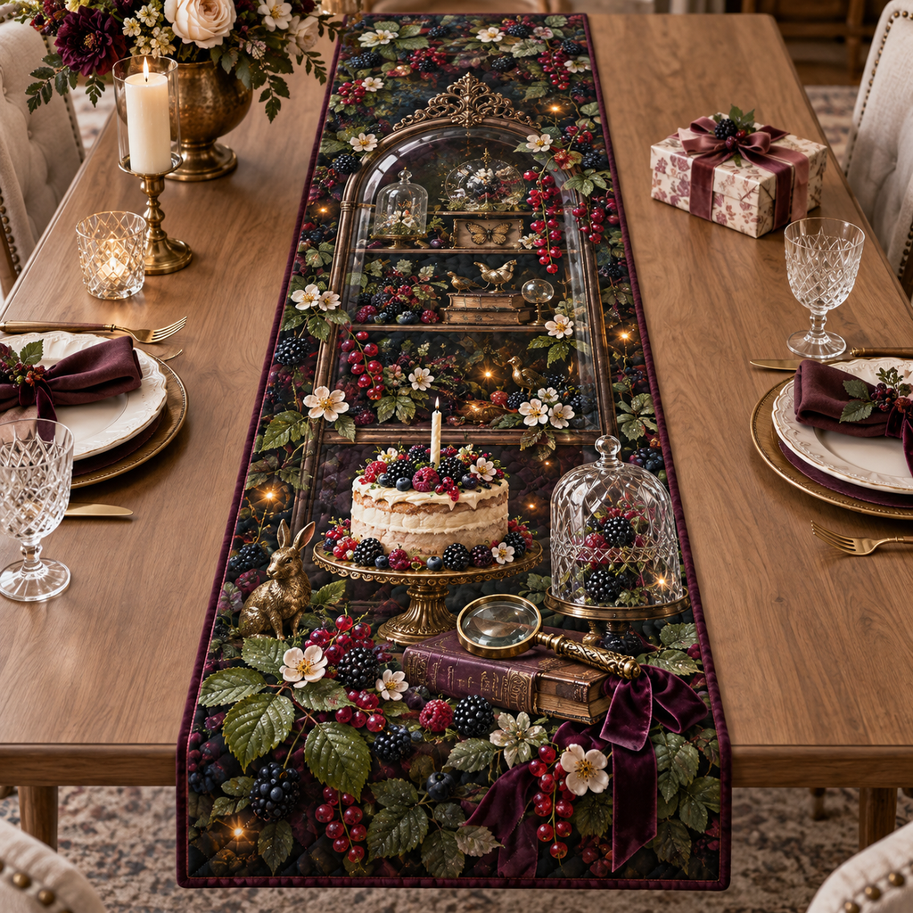 One table runner with an ornate arched curiosity cabinet, cascading blackberry, raspberry, blueberry and red-currant brambles, jewel-like berries, cream blossoms, a numberless berry cake, crystal cloche, antique brass magnifying glass, velvet ribbon, amber fireflies and a blank ivory plaque.
