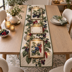 One table runner with a coordinated trio of slim antique-brass botanical frames, flowing blackberry, raspberry, blueberry and red-currant brambles, jewel-like berries, sage leaves, cream blossoms, glass vase, warm picture lights, amber fireflies and a blank ivory plaque.