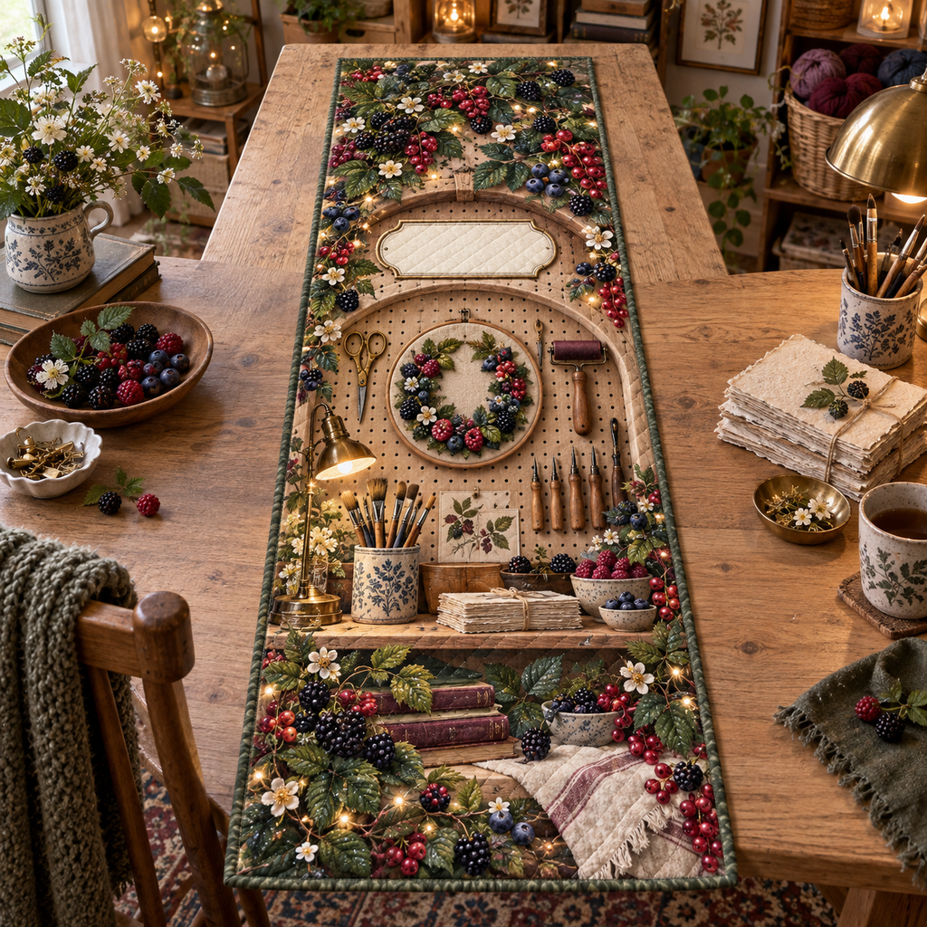 One table runner with an arched craft pegboard alcove, berry-dyed yarn, a berry-wreath embroidery hoop, printmaking brayer, carving tools, brushes, brass scissors, handmade paper, blackberry, raspberry, blueberry and red-currant brambles, amber lights and a blank ivory studio plaque.