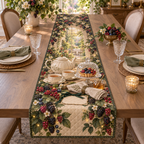 One table runner with a softly glowing arched garden window, ivory teapot and two cups on a walnut tray, berry tart under a glass cloche, folded linen napkin, honey jar, blackberry, raspberry, blueberry and red-currant brambles, amber fireflies and a blank ivory plaque.
