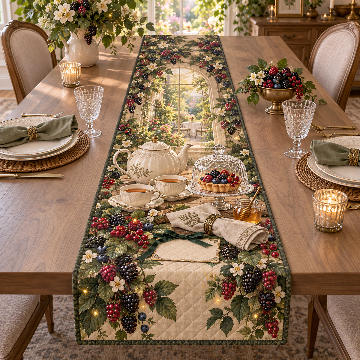 One table runner with a softly glowing arched garden window, ivory teapot and two cups on a walnut tray, berry tart under a glass cloche, folded linen napkin, honey jar, blackberry, raspberry, blueberry and red-currant brambles, amber fireflies and a blank ivory plaque.