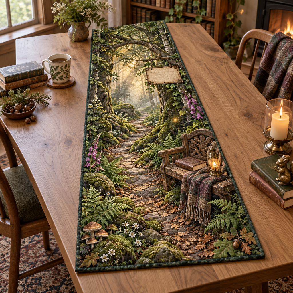One table runner with a mossy woodland trail beneath arched beech and birch trees, a carved reading bench, closed leather-bound book, folded wool throw, antique brass lantern, ferns, mushrooms, foxgloves, acorns, mist, golden sunbeams, amber fireflies and a blank parchment plaque.