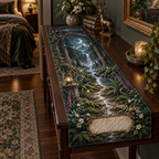 One table runner with a moonlit woodland avenue framed by towering cedar trunks and intertwined branches, a winding path toward a silver waterfall and misty mountain ridge, ferns, moss, white flowers, foxgloves, dew, an antique brass lantern, crescent moon, fireflies and a blank parchment plaque.