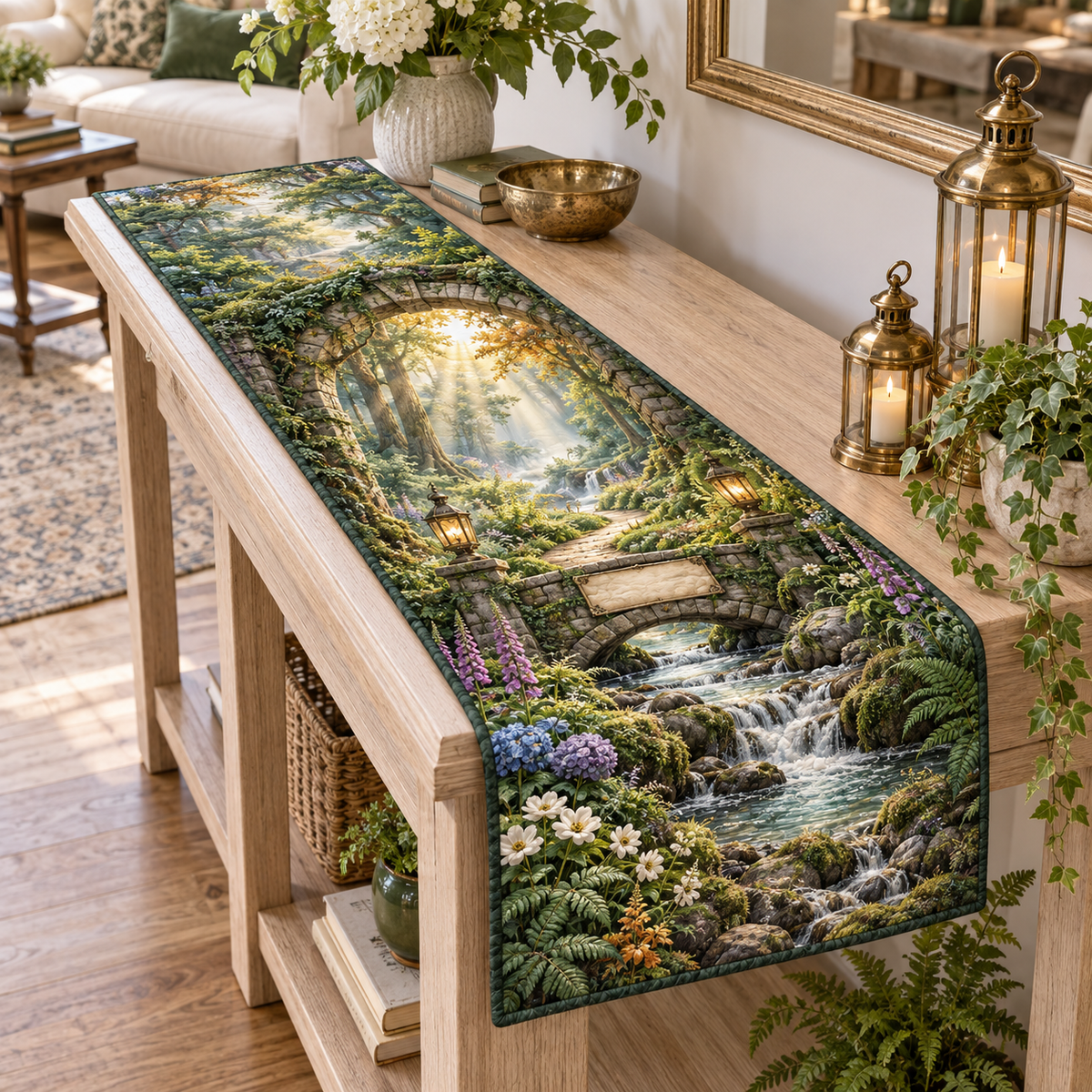 One table runner with a monumental moss-covered stone arch entwined with roots, a sweeping path crossing an arched stone bridge over a clear woodland stream, a radiant fern glade, hydrangea, anemones, foxgloves, golden light, two antique brass lanterns and a blank parchment plaque.