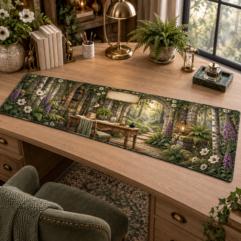 One table runner with a woodland study pavilion inside a mossy stone arch, a pale-oak writing desk, antique brass lamp, fern, blank books, white anemones, purple foxgloves, golden sunbeams, soft mist, fireflies, a winding forest path and a blank parchment name plaque.