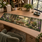 One table runner with a woodland study pavilion inside a mossy stone arch, a pale-oak writing desk, antique brass lamp, fern, blank books, white anemones, purple foxgloves, golden sunbeams, soft mist, fireflies, a winding forest path and a blank parchment name plaque.