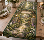 One table runner with a welcoming woodland cottage gate formed by mossy stone pillars and a timber pergola, a winding sunlit forest path leading toward a warm distant home, ferns, birch trees, white anemones, violet foxgloves, amber fireflies, two brass lanterns and a blank parchment name plaque.