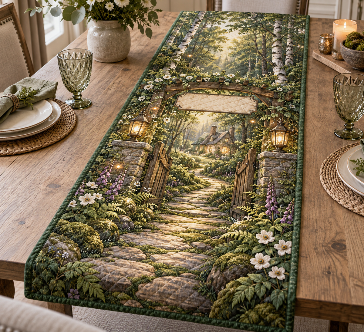 One table runner with a welcoming woodland cottage gate formed by mossy stone pillars and a timber pergola, a winding sunlit forest path leading toward a warm distant home, ferns, birch trees, white anemones, violet foxgloves, amber fireflies, two brass lanterns and a blank parchment name plaque.