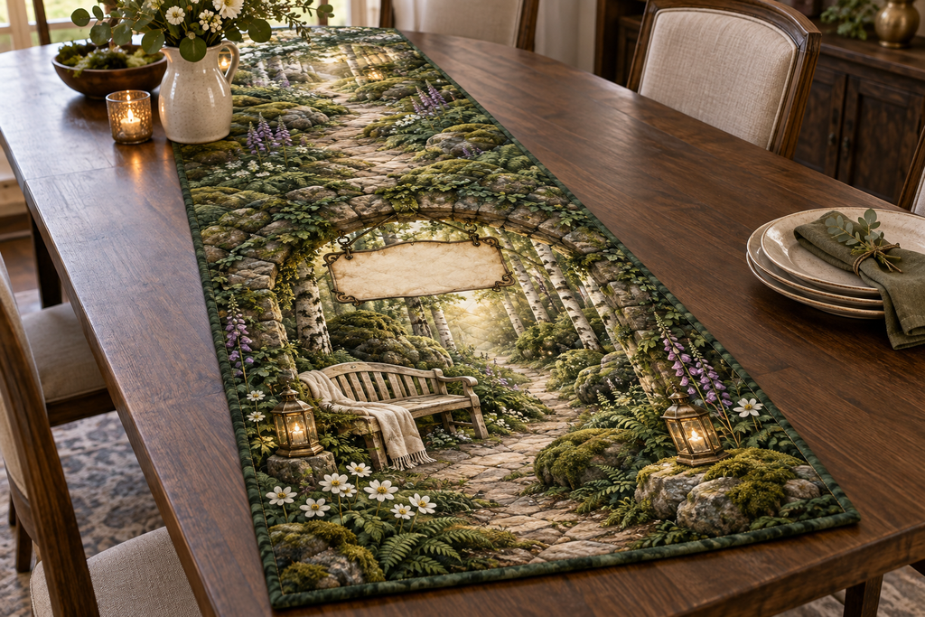 One table runner with a secluded woodland resting alcove framed by a mossy stone arch, a pale-oak bench with a folded linen throw, a winding path between birch trees, layered ferns, mossy boulders, white anemones, violet foxgloves, two brass lanterns, golden light and a blank parchment name plaque.