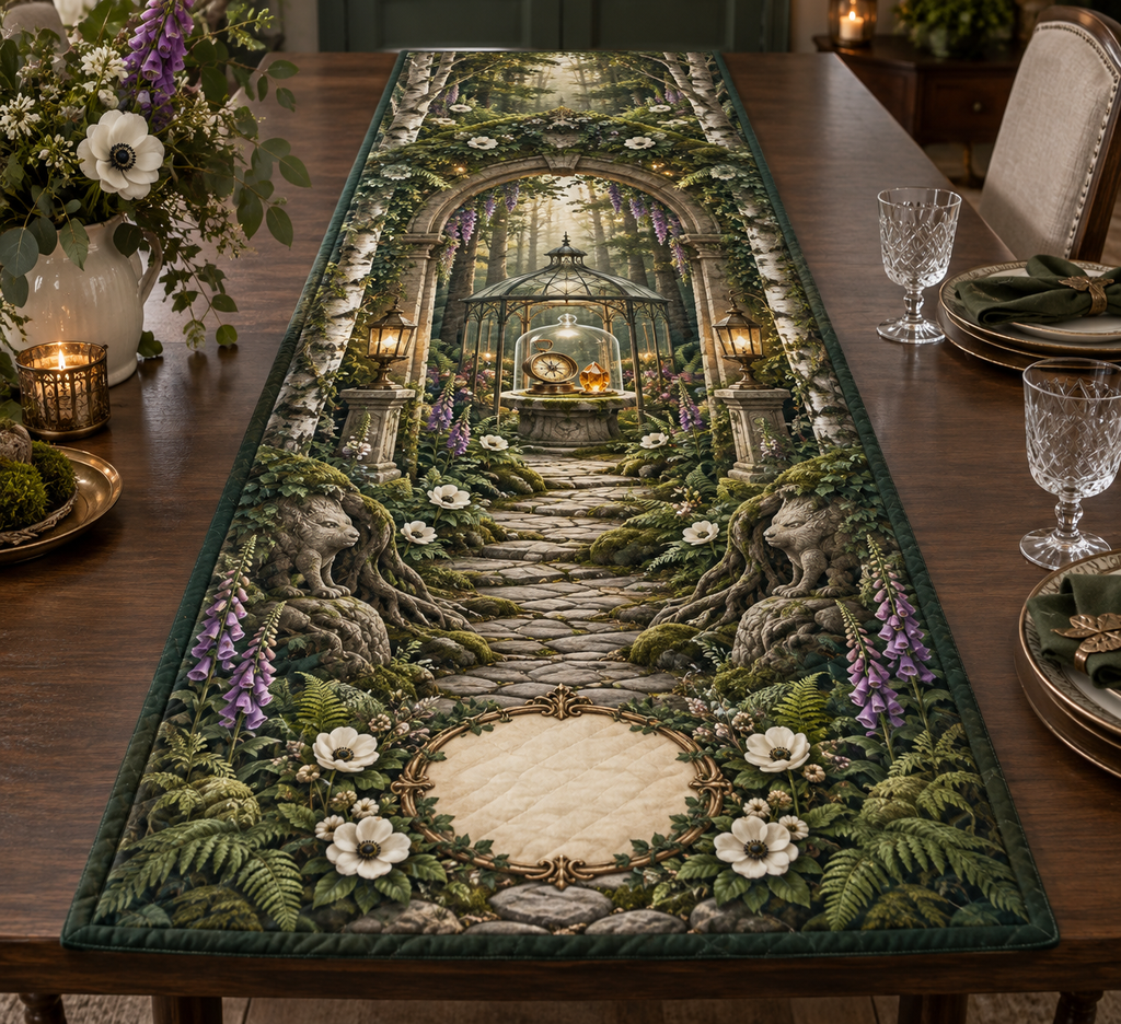 One table runner with a grand enchanted woodland path framed by an ornate mossy stone arch and sculptural roots, a glass garden pavilion displaying an antique brass compass and faceted amber keepsake beneath a cloche, birch trees, ferns, anemones, foxgloves, lanterns and a blank parchment medallion.