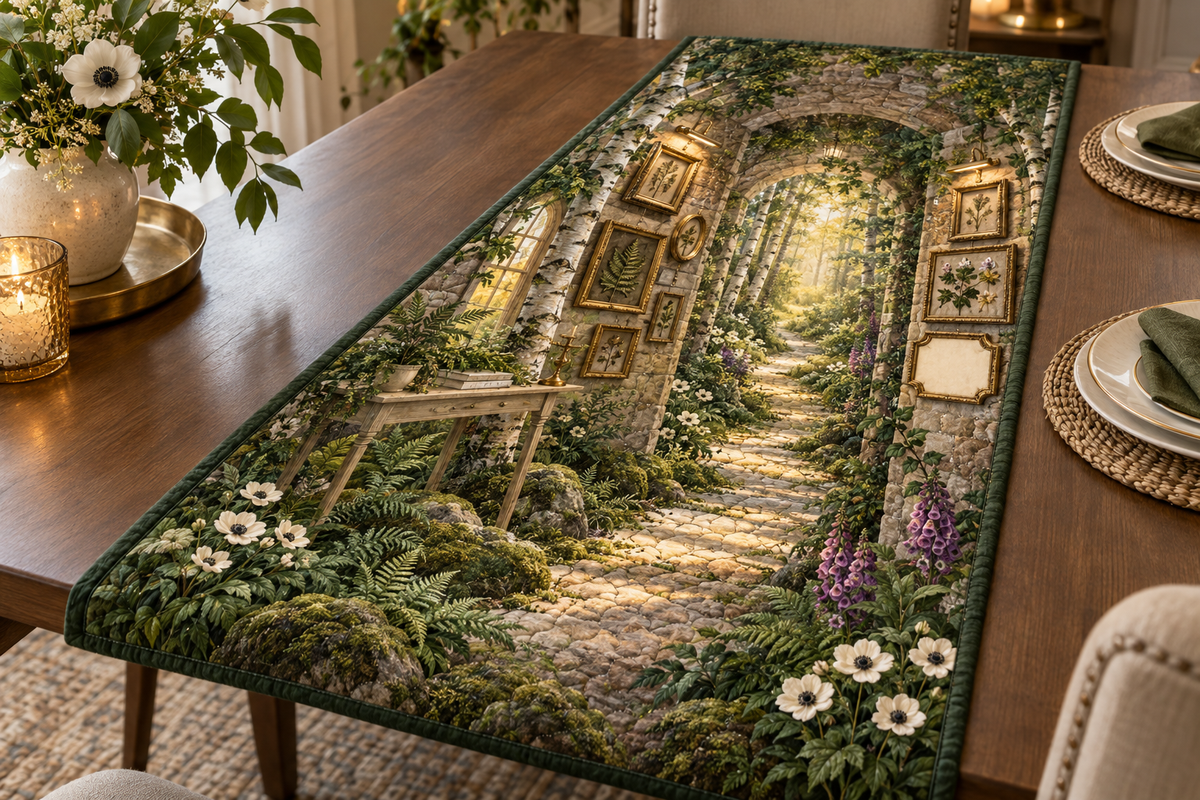 One table runner with a winding sunlit forest path through a mossy stone gallery arcade, curated antique-gold botanical frames, pressed-flower shadow boxes, birch trees, ferns, anemones, foxgloves, a slim pale-oak console, brass picture lights and a blank parchment name plaque.