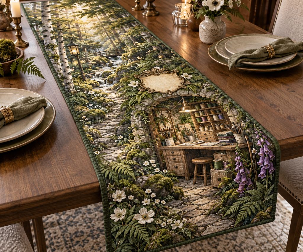 One table runner with a creative woodland studio pavilion built into a mossy stone arch beside a winding forest path, a pale-oak workbench, organized paintbrushes, thread spools, carving tools, folded fabric, specimen drawers, birch trees, ferns, anemones, foxgloves, brass task lamps and a blank parchment crest.