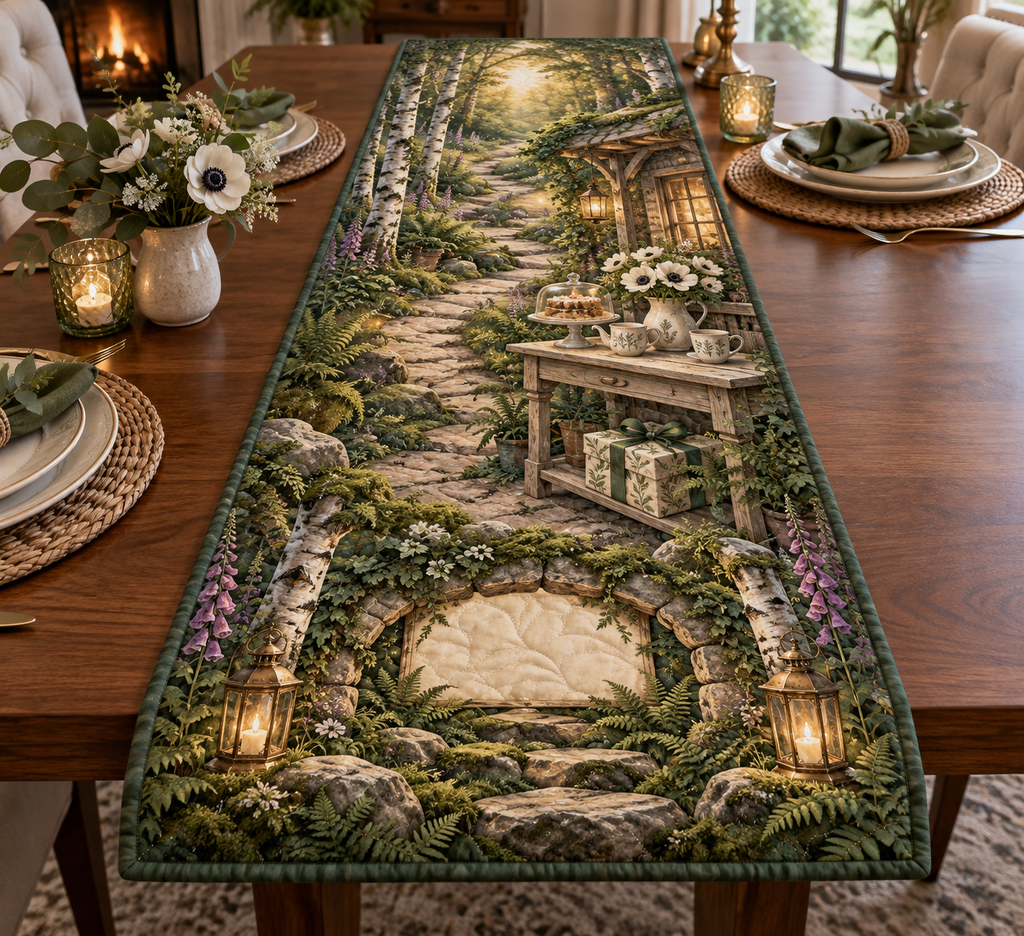 One table runner with a gracious woodland welcome pavilion beside a winding sunlit path, a mossy stone arch, birch trees, pale-oak console, covered cake stand, ceramic teapot and cups, white anemones, botanical gift box, ferns, foxgloves, brass lanterns and a blank parchment name plaque.