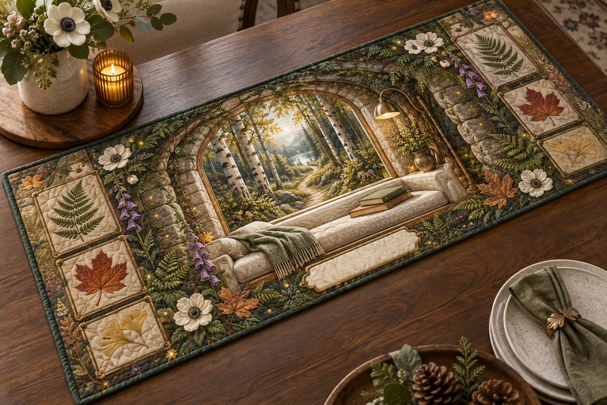 One table runner with a cozy woodland reading alcove, mossy stone arch, pale-oak window seat, closed blank-cover books, birch trees, winding path, pressed fern, maple, oak and ginkgo leaf panels, white anemones, violet foxgloves, brass reading lamp, amber fireflies and a blank parchment name plaque.