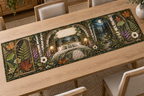 One table runner with a dramatic moonlit woodland bedroom, mossy stone arch, birch trunks, forest path, pressed fern, maple, oak and ginkgo leaves, white anemones, violet foxgloves, antique brass lamps, amber fireflies and a blank parchment name plaque.