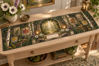 One table runner with a grand enchanted living room, mossy stone arch, birch trunks, luminous forest path, pressed fern, maple, oak and ginkgo leaves, white anemones, violet foxgloves, antique brass lanterns, amber fireflies and a blank parchment name plaque.