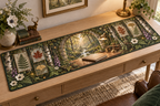 One table runner with an elegant woodland home office, mossy stone arch, birch trunks, pale-oak writing desk, brass desk lamp, luminous forest path, pressed fern, maple, oak and ginkgo leaves, white anemones, violet foxgloves and a blank parchment name plaque.
