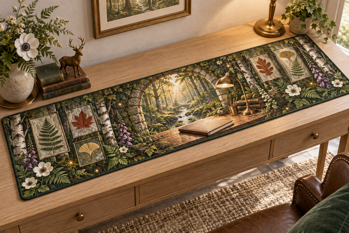 One table runner with an elegant woodland home office, mossy stone arch, birch trunks, pale-oak writing desk, brass desk lamp, luminous forest path, pressed fern, maple, oak and ginkgo leaves, white anemones, violet foxgloves and a blank parchment name plaque.