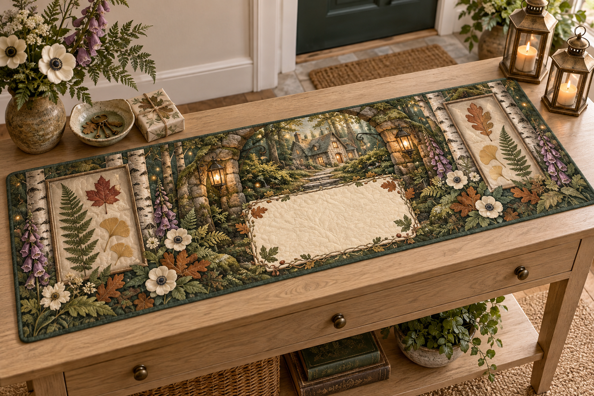 One table runner with a welcoming woodland cottage entry, mossy stone arch, birch trunks, pale-oak console, ceramic key bowl, tied botanical gift box, warm forest path, pressed fern, maple, oak and ginkgo leaves, brass lanterns and a blank parchment name plaque.