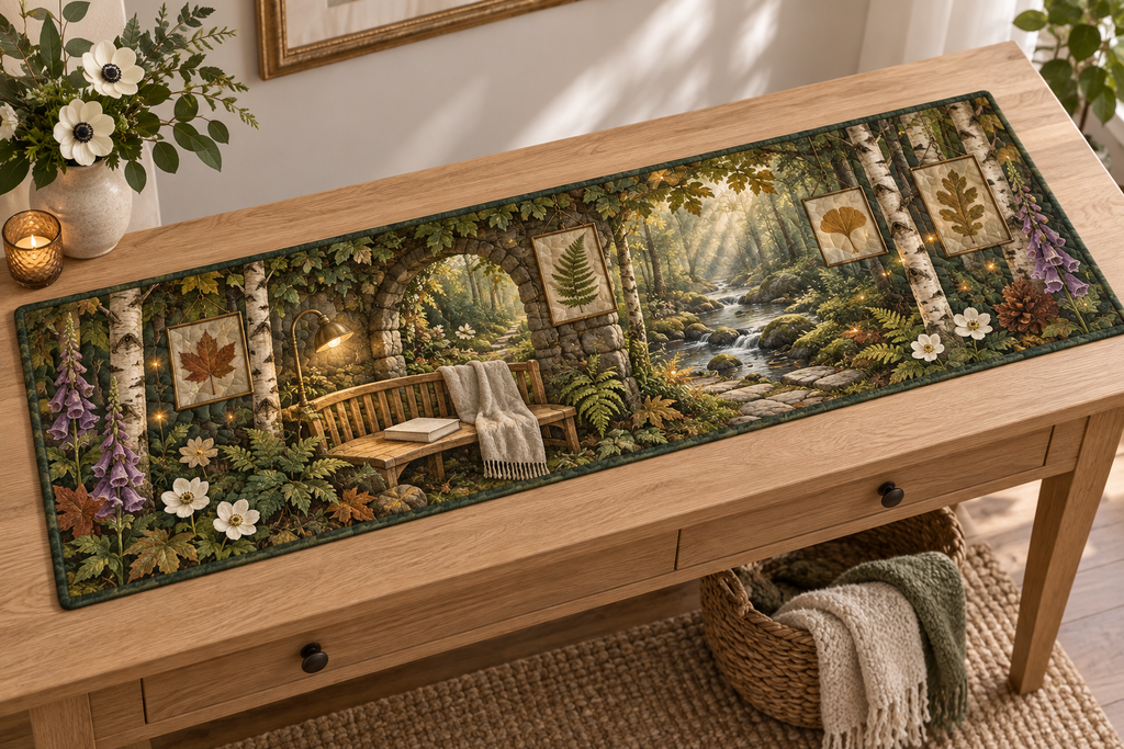 One table runner with a serene woodland retreat, mossy stone arch, birch trunks, curved pale-oak bench, folded linen throw, closed blank-cover book, gentle forest stream, pressed fern, maple, oak and ginkgo leaves, brass reading lamp and a blank parchment name plaque.