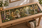 One table runner with a serene woodland retreat, mossy stone arch, birch trunks, curved pale-oak bench, folded linen throw, closed blank-cover book, gentle forest stream, pressed fern, maple, oak and ginkgo leaves, brass reading lamp and a blank parchment name plaque.