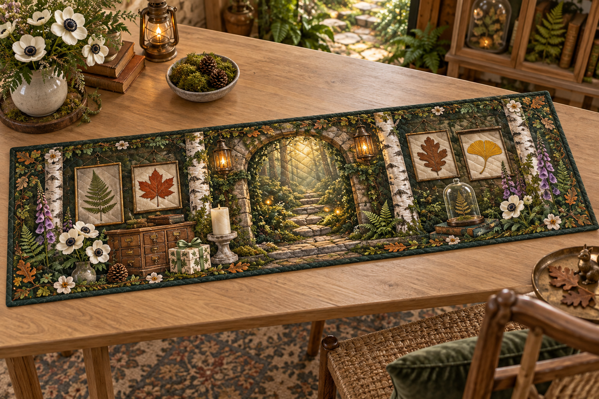 One table runner with a celebratory woodland conservatory, mossy stone arch, birch trunks, pale-oak specimen cabinet, wrapped botanical gift, unlit candle, glowing forest path, rare pressed fern, maple, oak and ginkgo leaves, brass lanterns and a blank parchment name plaque.