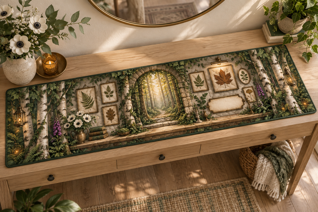 One table runner with a sophisticated compact apartment gallery, slim mossy stone arch, pale birch trunks, floating pale-oak shelf, luminous forest path, curated pressed fern, maple, oak and ginkgo leaves, brass picture lamp and a blank parchment name plaque.