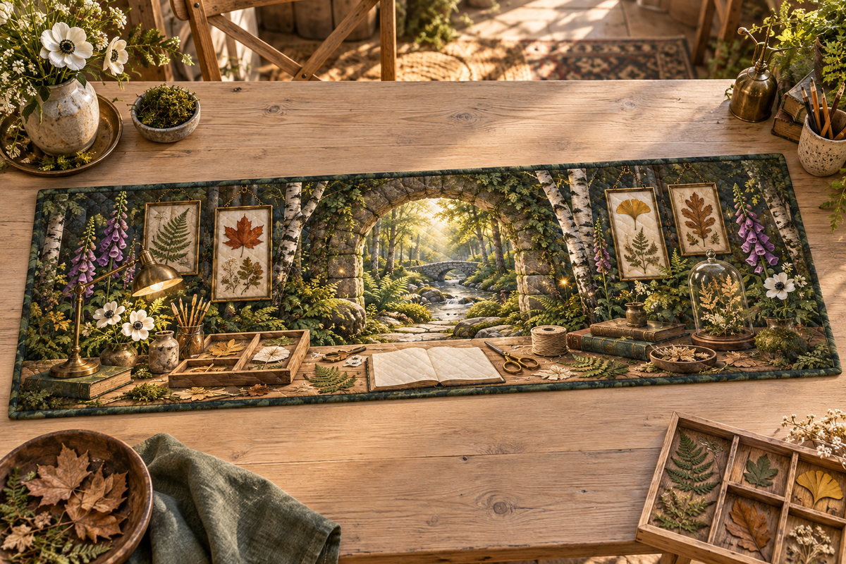 One table runner with a creative botanical hobby studio, mossy stone arch, pale-oak workbench, specimen trays, luminous forest path, layered pressed fern, maple, oak and ginkgo leaves, antique brass task lamp and a blank parchment name plaque.
