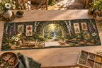 One table runner with a creative botanical hobby studio, mossy stone arch, pale-oak workbench, specimen trays, luminous forest path, layered pressed fern, maple, oak and ginkgo leaves, antique brass task lamp and a blank parchment name plaque.