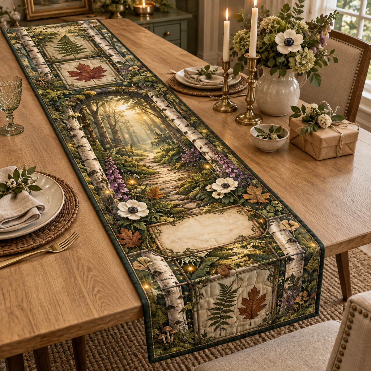One table runner with a gracious woodland welcome, mossy stone arch, pale birch trunks, luminous forest path, pressed fern, maple, oak and ginkgo leaves, antique botanical glass panels and a blank parchment name plaque.