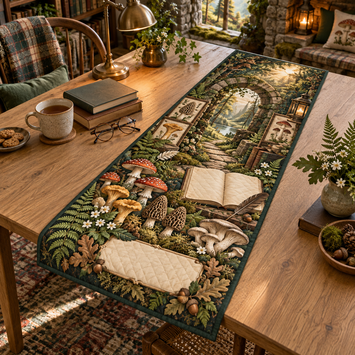 One table runner with a mossy stone reading alcove, luminous forest path, blank field journal, botanical specimen frames, chanterelle, fly agaric, morel and oyster mushrooms, fern, oak leaves, amber lanterns and a blank parchment name plaque.