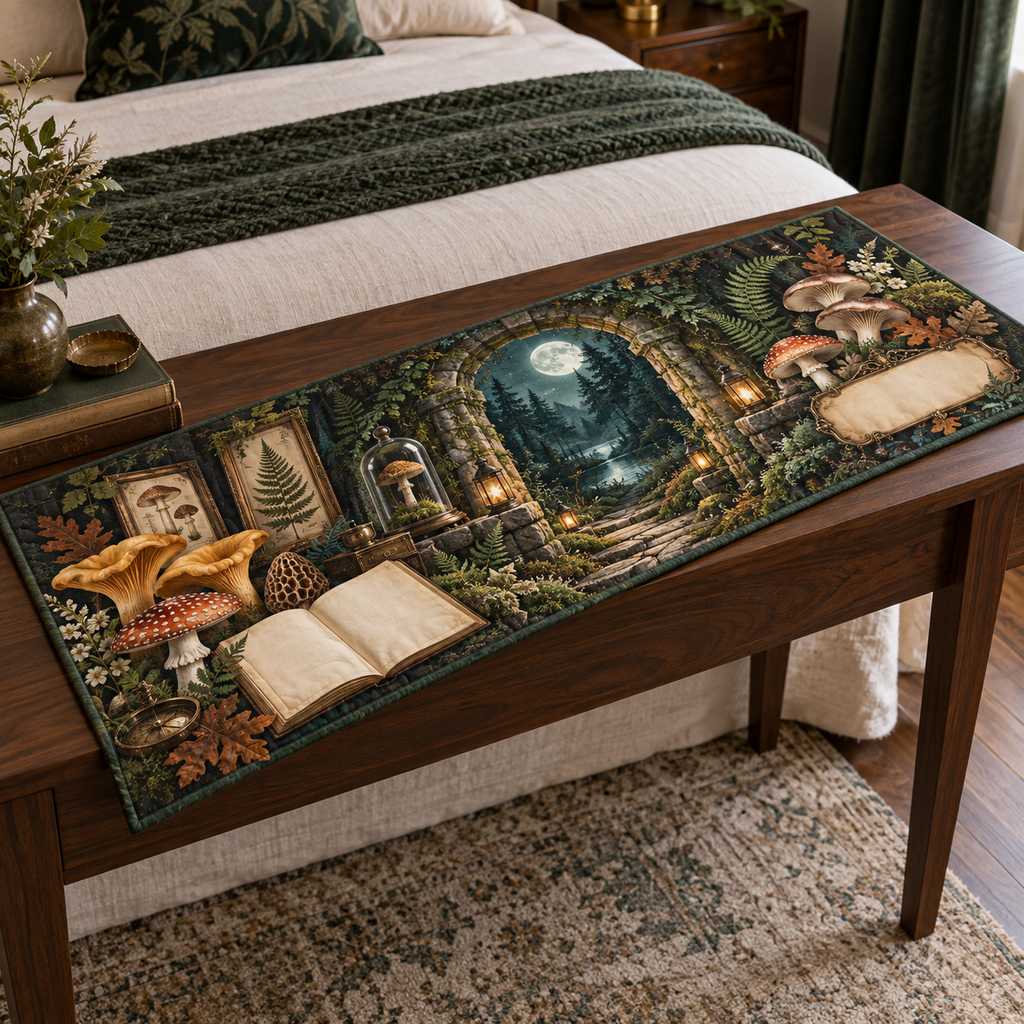 One table runner with a grand moss-covered stone arch, moonlit woodland path, blank field journal, botanical specimen frames, chanterelle, fly agaric, morel and oyster mushrooms, amber lanterns and a blank parchment name plaque.