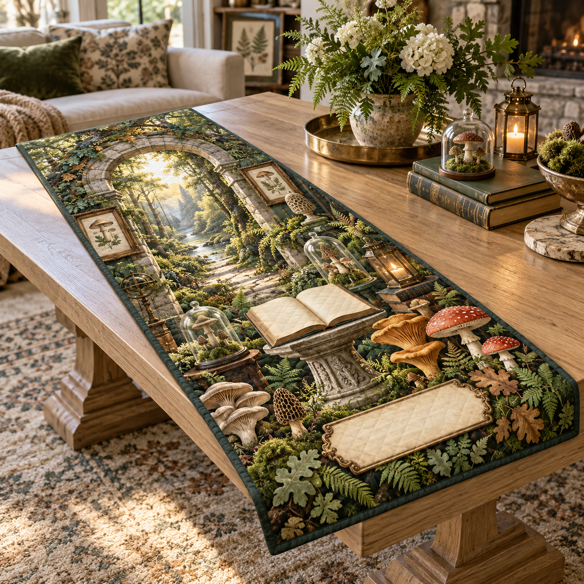 One table runner with a monumental mossy stone arch, luminous woodland path, blank field journal on a carved pedestal, botanical specimen frames, woodland mushrooms, glass cloches, amber lanterns and a blank parchment name plaque.