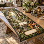 One table runner with a monumental mossy stone arch, luminous woodland path, blank field journal on a carved pedestal, botanical specimen frames, woodland mushrooms, glass cloches, amber lanterns and a blank parchment name plaque.