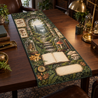 One table runner with an ivy-covered stone study arch, misty woodland trail, blank field journal, brass-framed mushroom specimen plates, woodland mushrooms, vintage compass, glass cloches and a blank parchment name plaque.