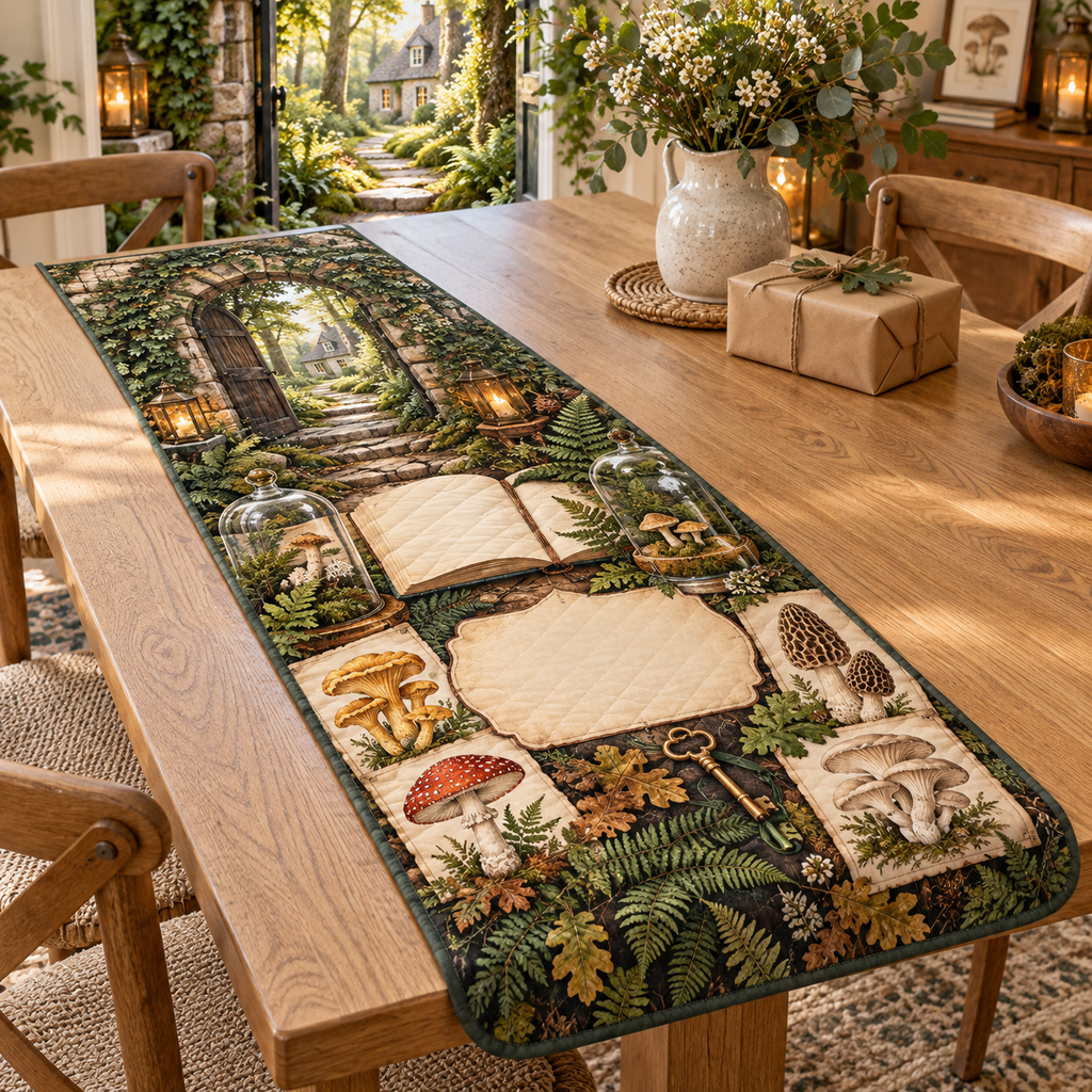 One table runner with an ivy-covered stone doorway, sunlit forest cottage path, blank field journal, mushroom specimen frames, woodland mushrooms, brass house key, glass cloches, amber lanterns and a blank parchment name plaque.