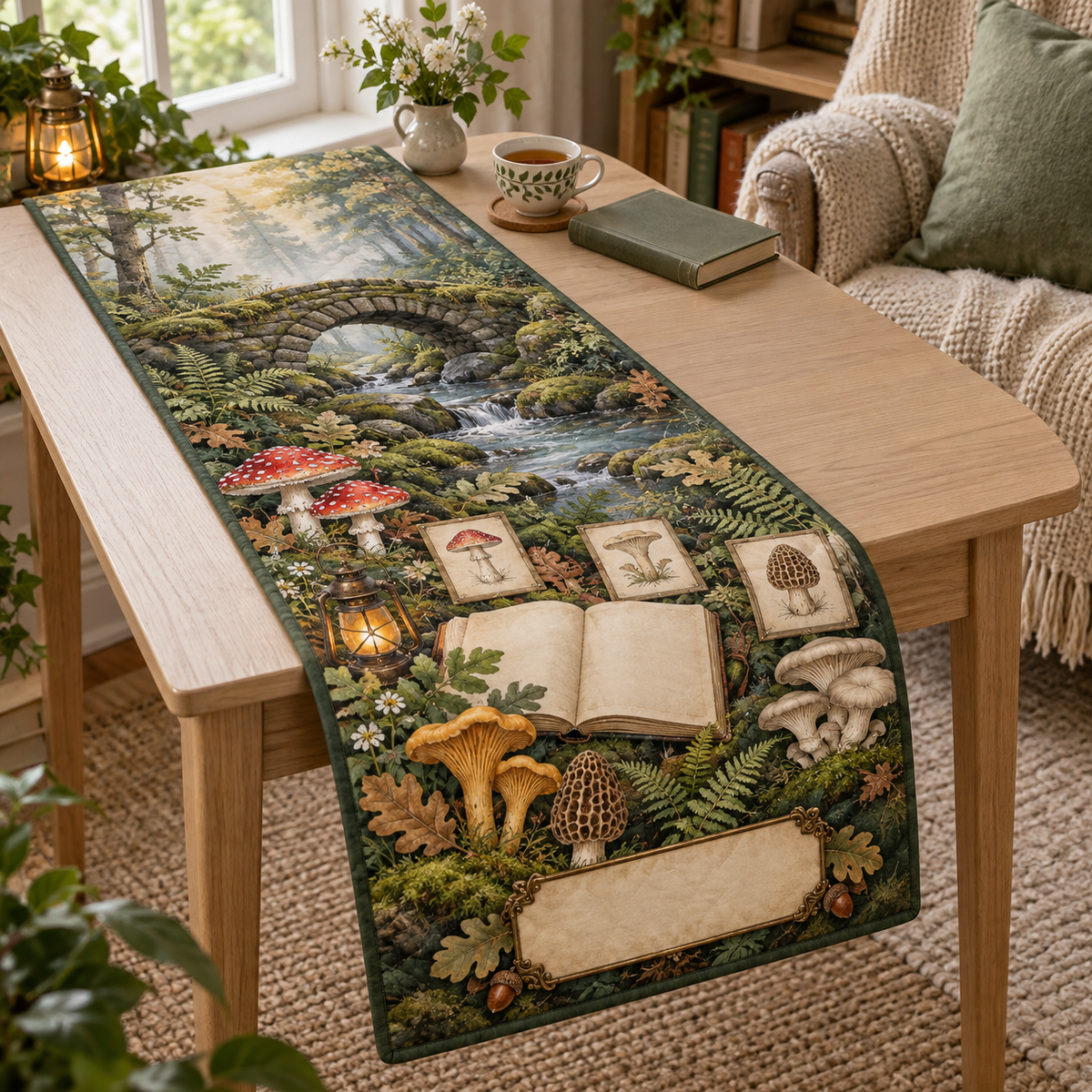 One table runner with a tranquil mossy stone arch, gentle stream, blank field journal, small mushroom specimen frames, woodland mushrooms, soft ferns, oak leaves, amber lantern and a blank parchment name plaque.