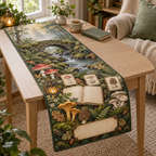 One table runner with a tranquil mossy stone arch, gentle stream, blank field journal, small mushroom specimen frames, woodland mushrooms, soft ferns, oak leaves, amber lantern and a blank parchment name plaque.