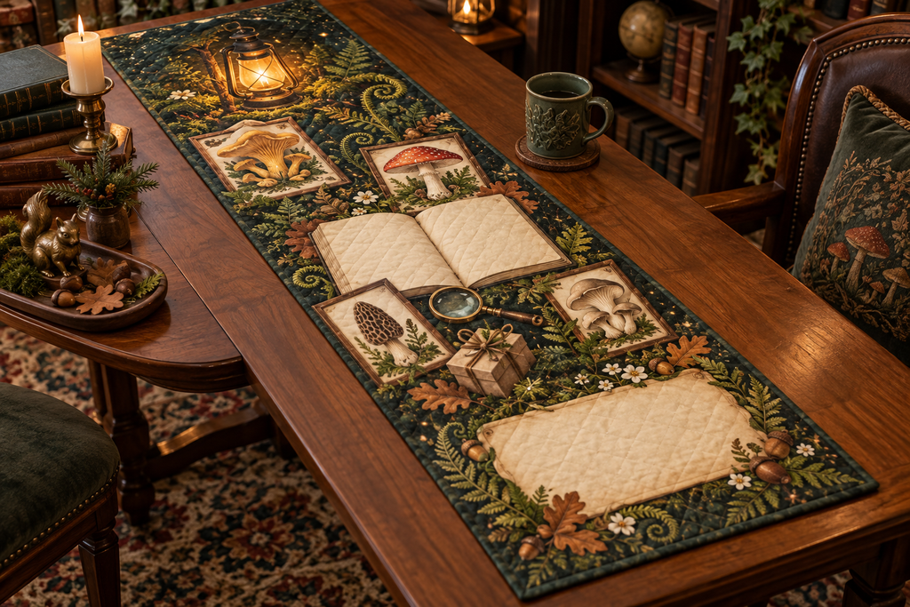 One table runner with a blank field journal, mushroom specimen frames, woodland mushrooms, ferns, oak leaves, antique magnifying glass, tiny wrapped gift, amber lantern and blank parchment name plaque.
