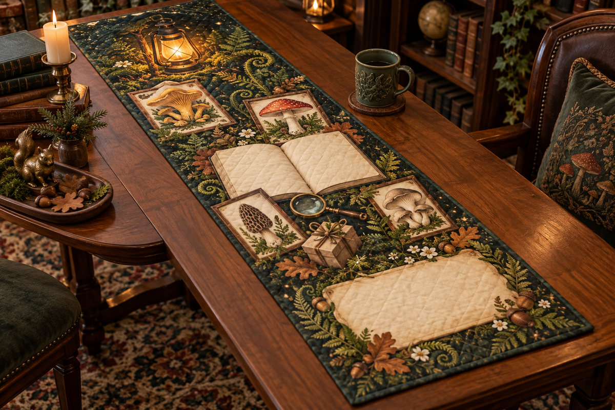 One table runner with a blank field journal, mushroom specimen frames, woodland mushrooms, ferns, oak leaves, antique magnifying glass, tiny wrapped gift, amber lantern and blank parchment name plaque.